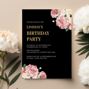 Blommigt Peonies och Ro på Black Födelsedagsfest Inbjudningar