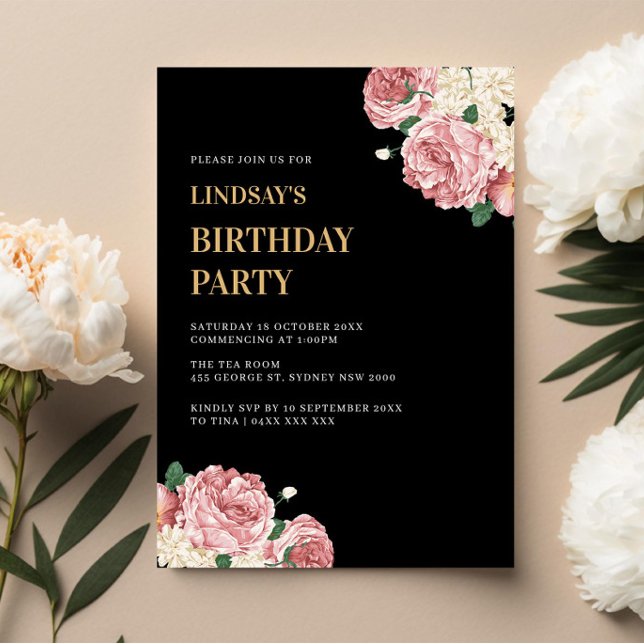 Blommigt Peonies och Ro på Black Födelsedagsfest Inbjudningar (Skapare uppladdad)