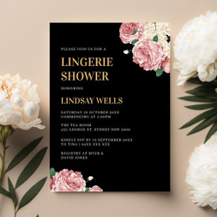 Blommigt Peonies och Ro på Black Lingerie Shower Inbjudningar