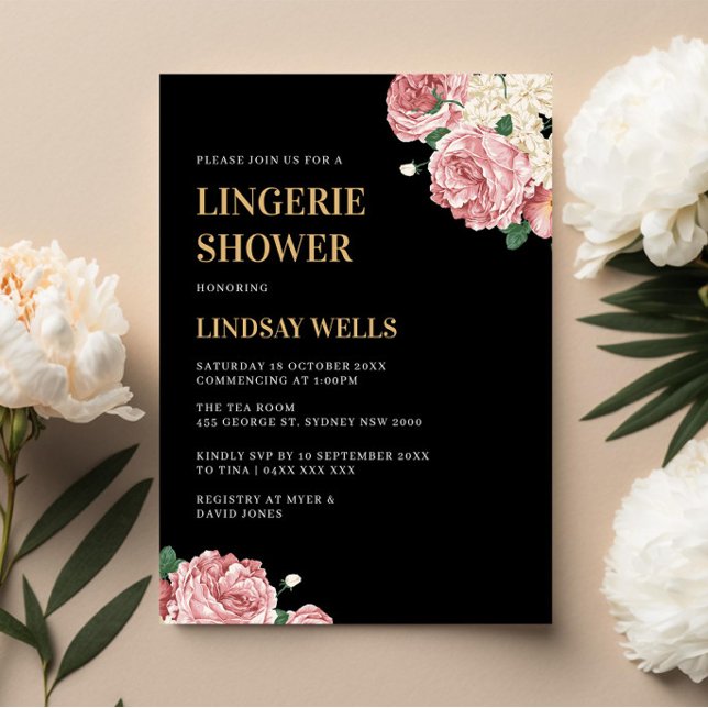 Blommigt Peonies och Ro på Black Lingerie Shower Inbjudningar (Skapare uppladdad)