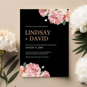 Blommigt Peonies och Ro på Svarta Bröllop Inbjudningar