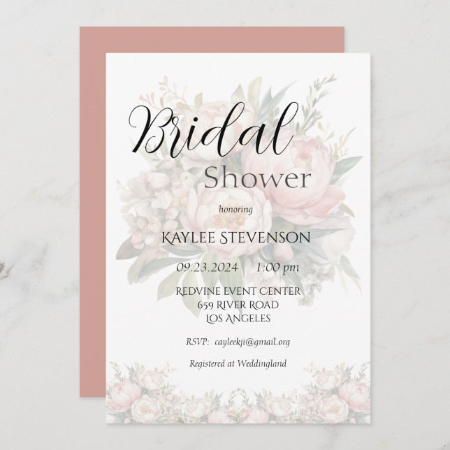 Blommigt Peonies Rosa Inbjudningskort för möhippan (Fram/baksida)