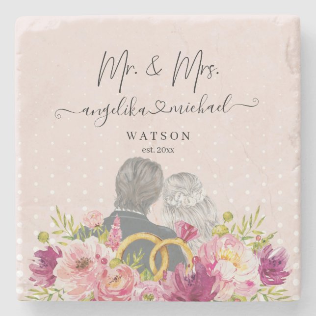 Blommigt  Peonies-Trendiget Skript Mr. och Mrs. Stenunderlägg (Framsidan)