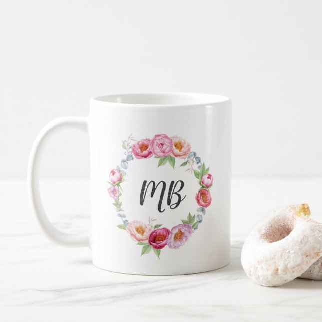 Blommigt peonies wandevattenfärg Monogram mugg (Med munk)