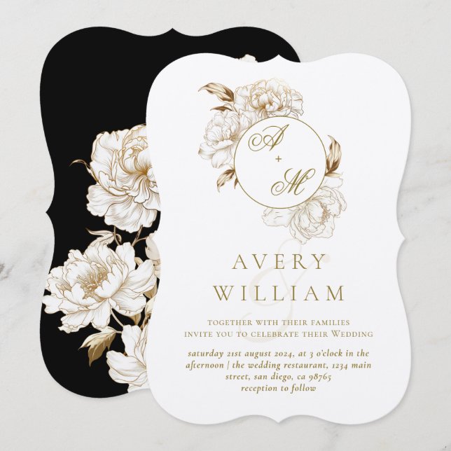 Blommigt Peonies White Golden Monogram Bröllop Inbjudningar (Fram/baksida)