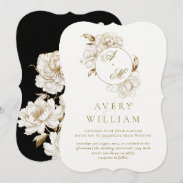 Blommigt Peonies White Golden Monogram Bröllop Inbjudningar