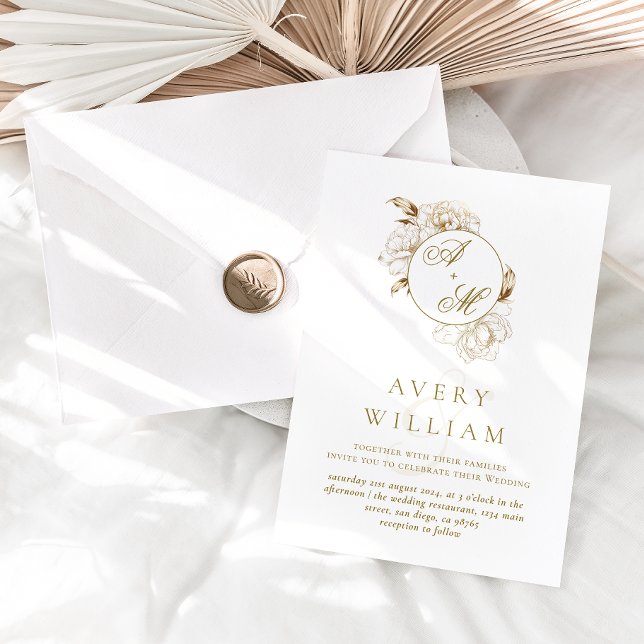 Blommigt Peonies White Golden Monogram Bröllop Inbjudningar (Skapare uppladdad)