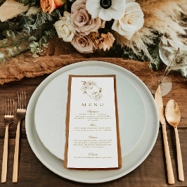 Blommigt Peonies White Golden Monogram Bröllop Meny