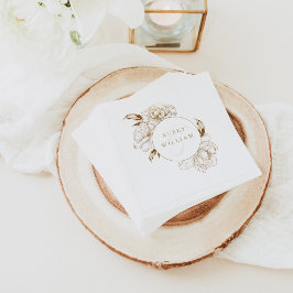 Blommigt Peonies White Golden Monogram Bröllop Pappersservett