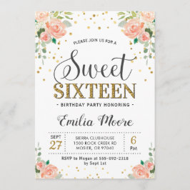 Blommigt Peony Peach Sweet sixteen 16 Girl Birthda Inbjudningar