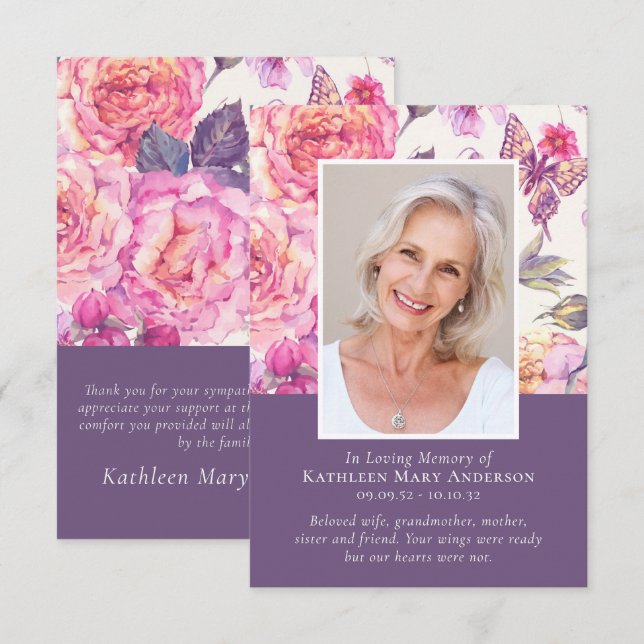 Blommigt Peony Photo Memorial Funeral Sympathy Tack Kort (Fram/baksida)