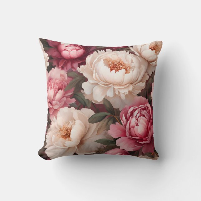 Blommigt Peony Rosa och White Dekorativ kudde (Framsida)