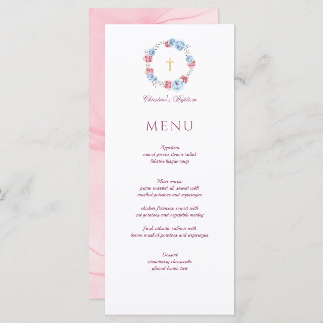 Blommigt Peony WAN Baptism Christening Menu Meny (Fram/baksida)
