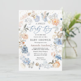 Blommigt persiko  Blue Baby Shower Inbjudningar