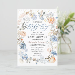 Blommigt persiko Blue Baby Shower Inbjudningar