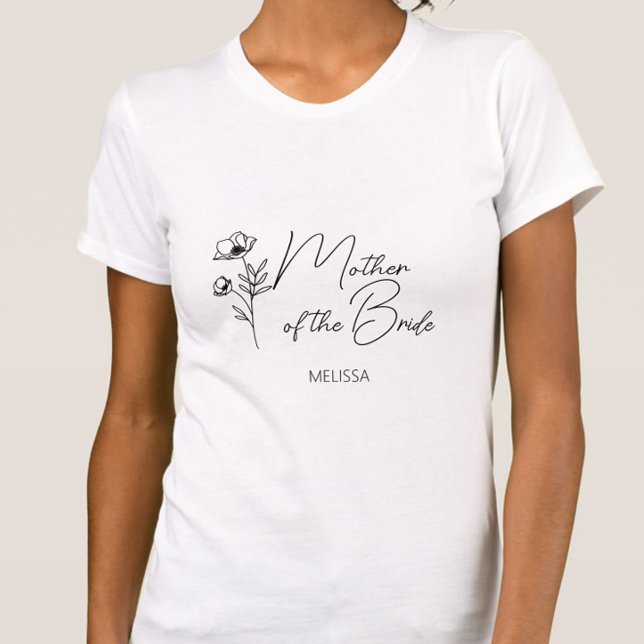 Blommigt Personlig Budens mamma Groom T Shirt (Mother of the Bride Shirt with Name, Wildlflower Floral Script Calligraphy, Wedding Party Gifts)
