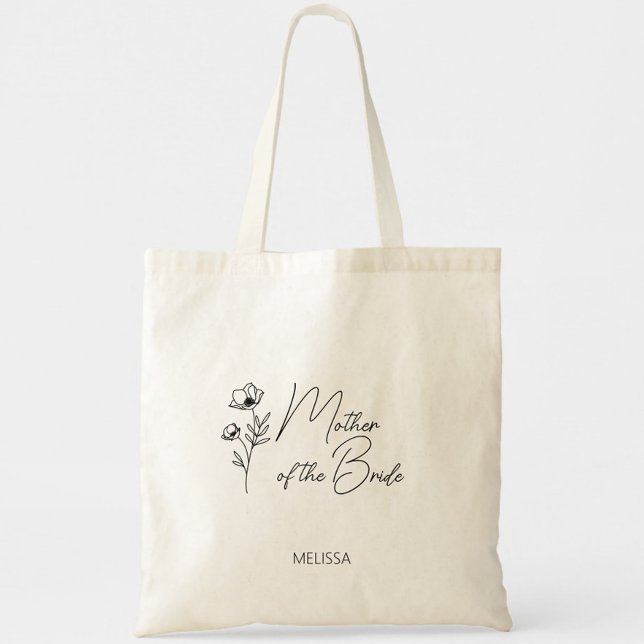 Blommigt Personlig Budens mamma Groom Tygkasse (Mother of the Bride Tote Bag, Wildflower Floral Simple Modern Script, Wedding Party Gifts)