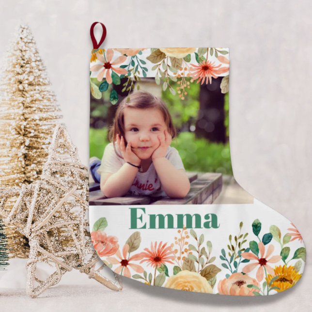 Blommigt Personlig Dotter Son Grandchild Photo Stor Julstrumpa (Floral Personalized Daughter Son Grandchild Photo Large Christmas Stocking)