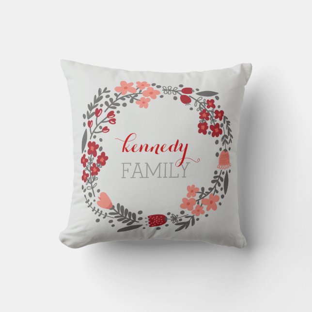 Blommigt Personlig för andning Monogram Röd Grått Kudde (Framsida)