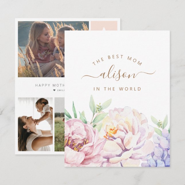 Blommigt Personlig-fotokort för Mamma Julkort (Fram/baksida)
