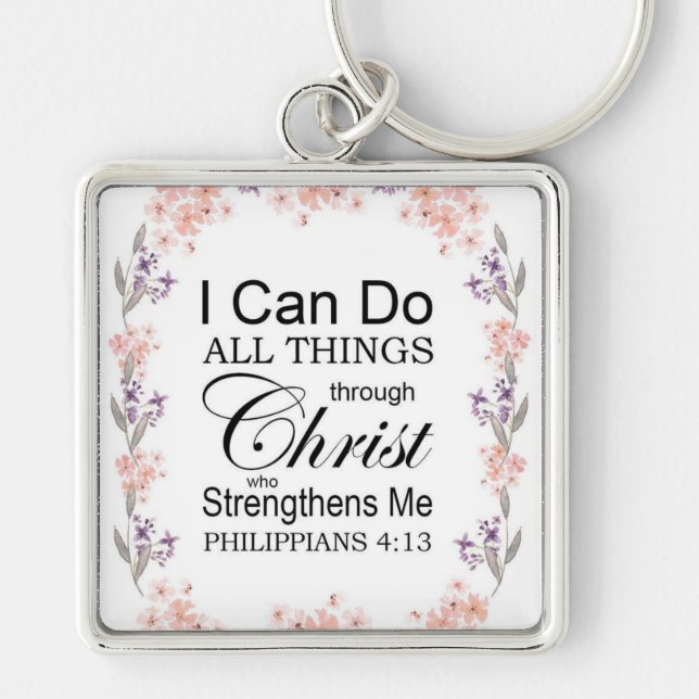 Blommigt Philippians Bible Scripture Keychain Fyrkantig Silverfärgad Nyckelring (Framsidan)