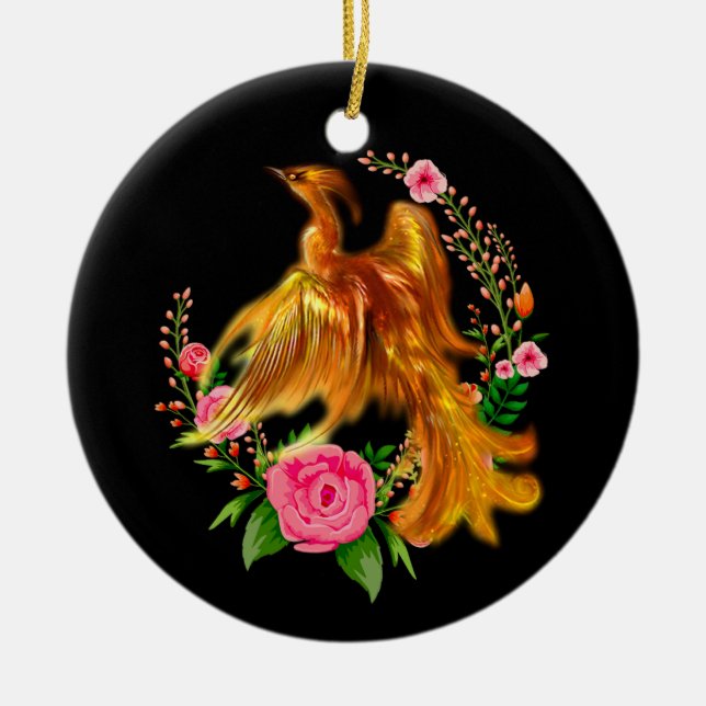 Blommigt Phoenix stiger från Fantasy i Fiery Ashes Julgransprydnad Keramik (Framsidan)