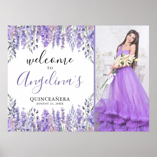 Blommigt Photo Lila Quinceanera Välkomsttecken Poster (Framsidan)
