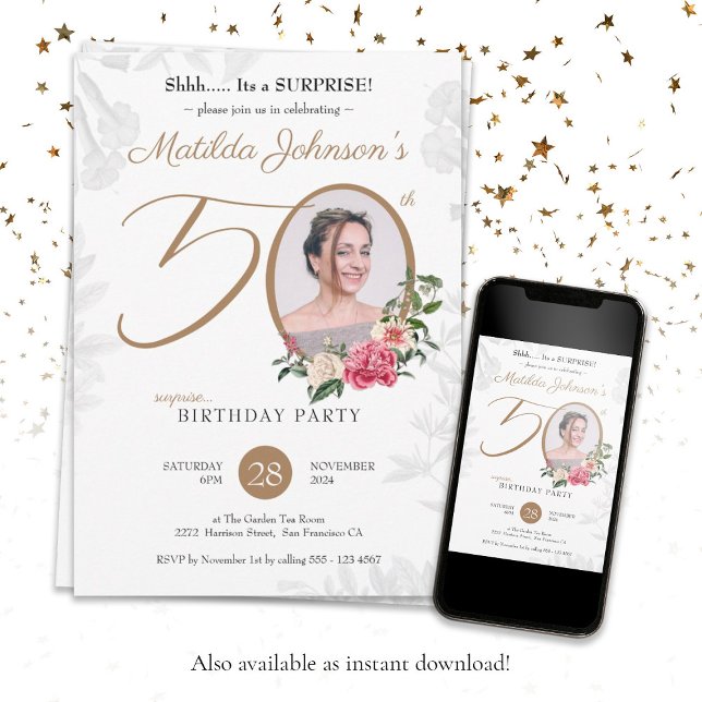 Blommigt Photo Surprise 50:e födelsedagen Inbjudningar (Surprise 50th Birthday Chic Floral Botanical Photo Invitation)