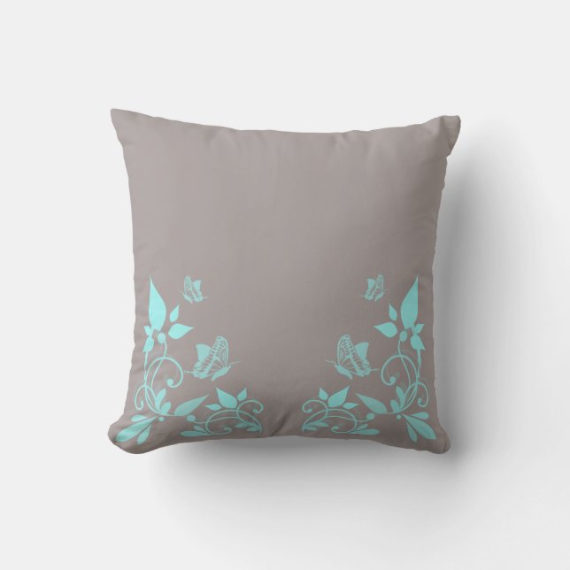 Blommigt Pillow för Aqua Butterfly Kudde (Framsida)