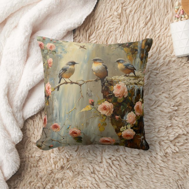 Blommigt Pillow med Ro Waterfall Birds Throw Kudde (Filt)