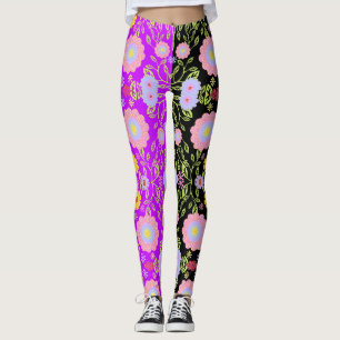 Blommigt PIP Art Painting Bi-Färg utan sjölösa Mön Leggings