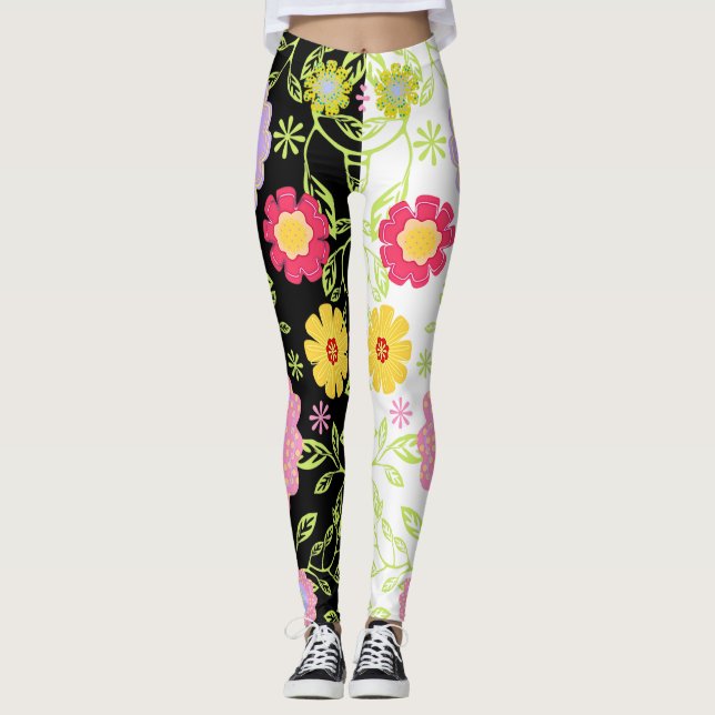 Blommigt PIP-färgning Bi-Färg Mönster Leggings (Framsida)