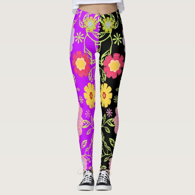 Blommigt PIP-färgning Bi-Färg Mönster Leggings (Framsida)