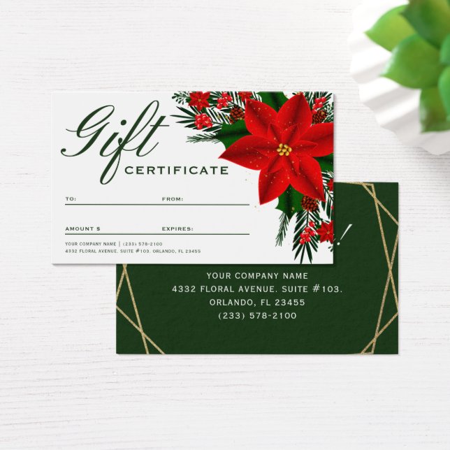 Blommigt Poinsettia Gräs Greenery Gift Certificate Visitkort (Skivbord)