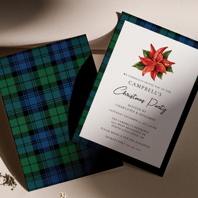Blommigt Poinsettia Plade jul Campbell Tartan Inbjudningar (Plaid Floral Poinsettia Campbell Tartan Christmas Party Invitation)