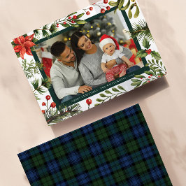 Blommigt Poinsettia Pput Family Photo Tartan Julkort