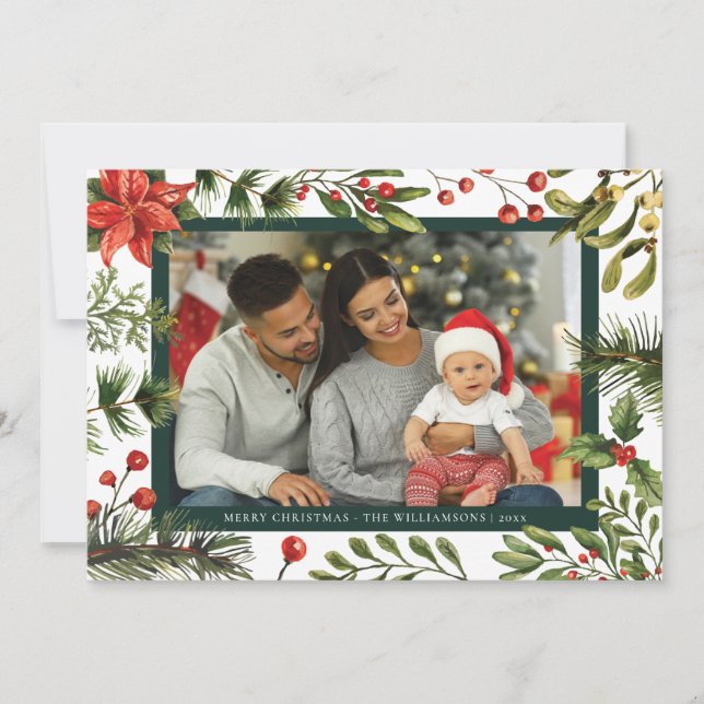 Blommigt Poinsettia Pput Family Photo Tartan Julkort (Framsida)