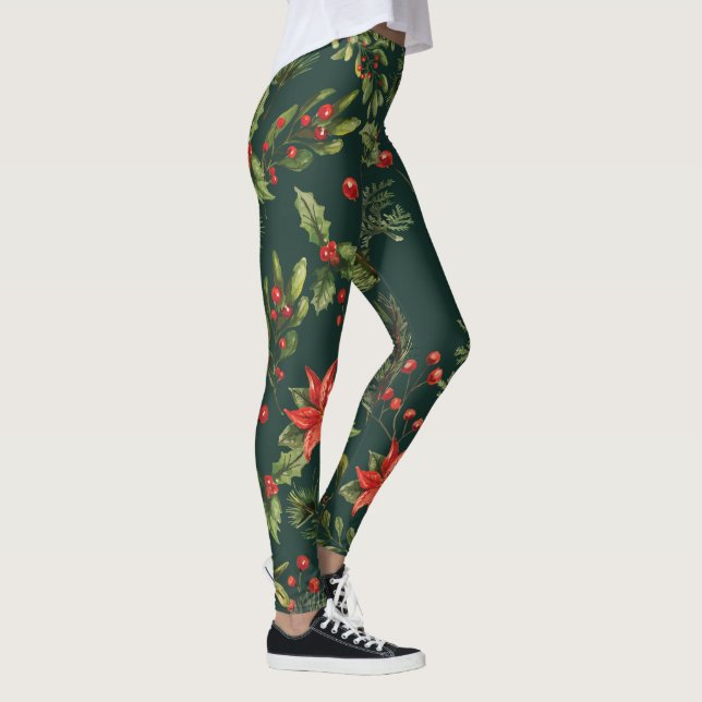 Blommigt Poinsettia Red Berries Botanical Leggings (Höger)