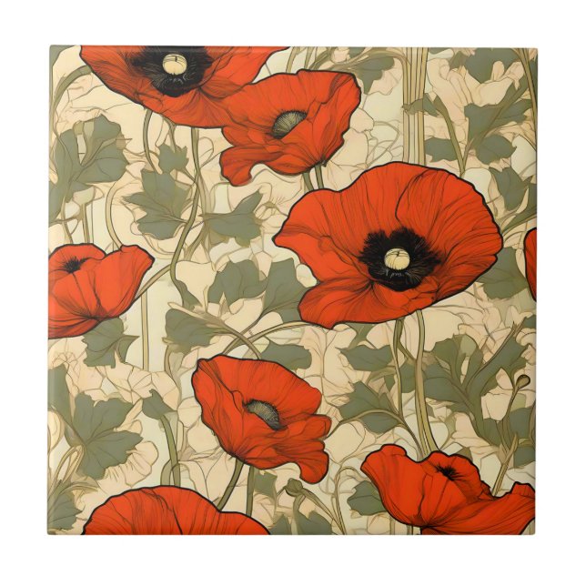 Blommigt Poppies Art nouveau Kakelplatta (Framsidan)