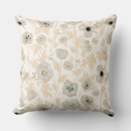 Blommigt Poppies Gult Grått Blue Watercolor Mönste Kudde