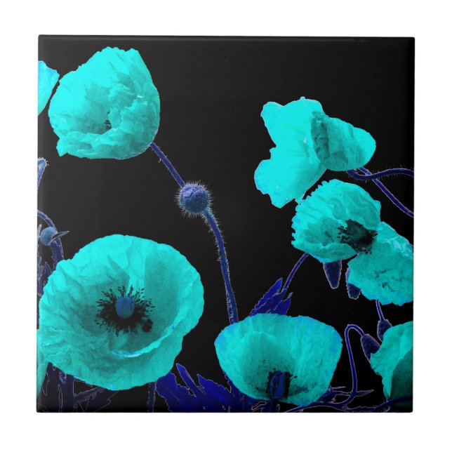 Blommigt Poppy Flowers Turcos Blue Abstrakt Artsy Kakelplatta (Framsidan)
