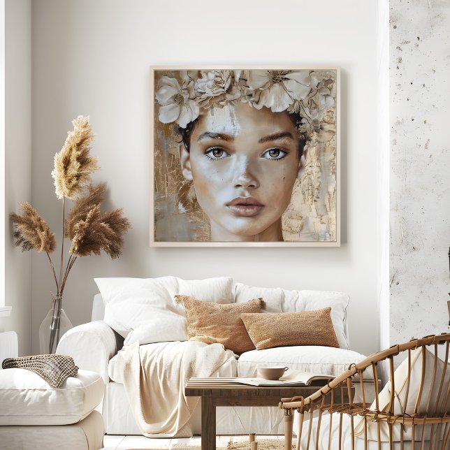 Blommigt Porträtt Art, Bevalt Young Mode Model Poster (Beautiful Young Fashion Model Floral Portrait Art Poster in a neutral boho living room.)