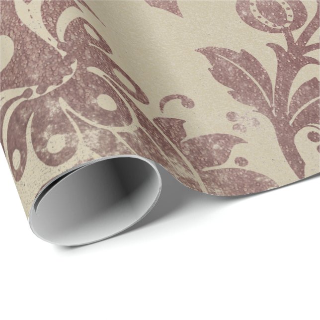 Blommigt Powder Grungy Damask Sepia Ivory Ro Guld Presentpapper (Rullad Hörn)