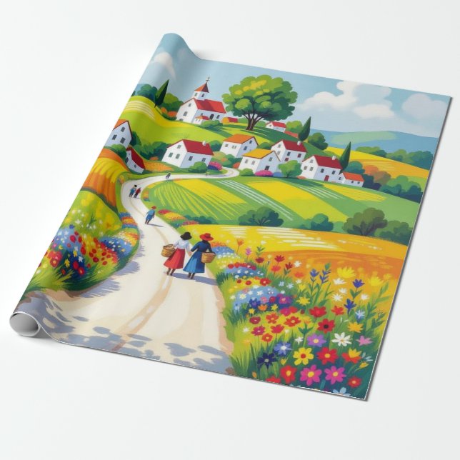 Blommigt presentpapper naiv stil (Utrullad)