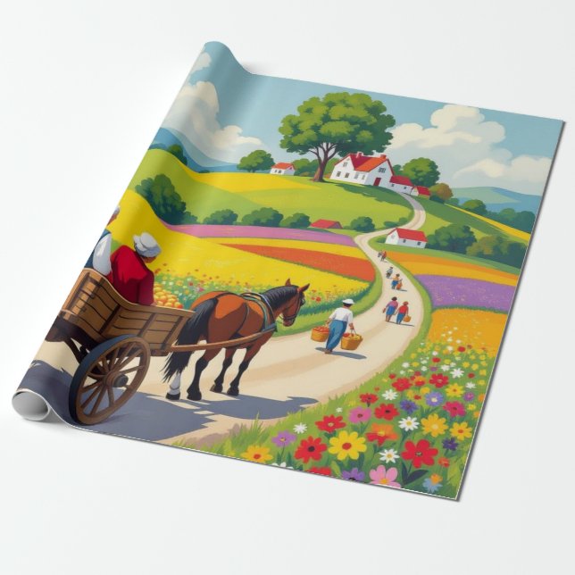 Blommigt presentpapper naiv stil (Utrullad)