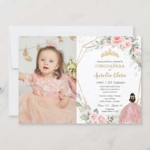 Blommigt Princess Cincoañera 5 födelsedagsfoto Inbjudningar