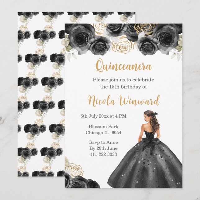 Blommigt Princess i Black Dress Quinceanera Inbjudningar (Fram/baksida)