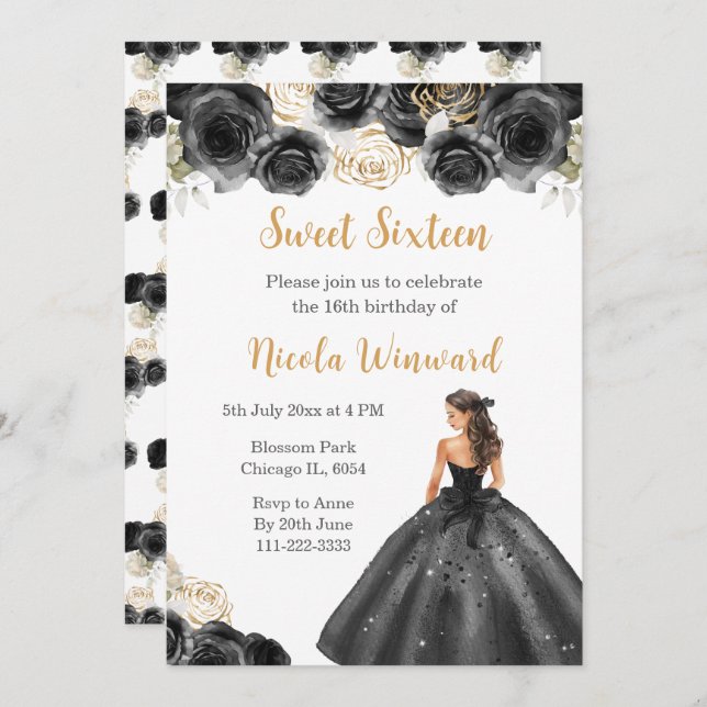 Blommigt Princess i Black Dress Sweet sixteen Inbjudningar (Fram/baksida)