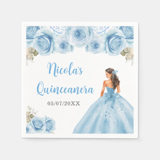 Blommigt Princess i Blue Dress Quinceanera Pappersservett (Framsidan)