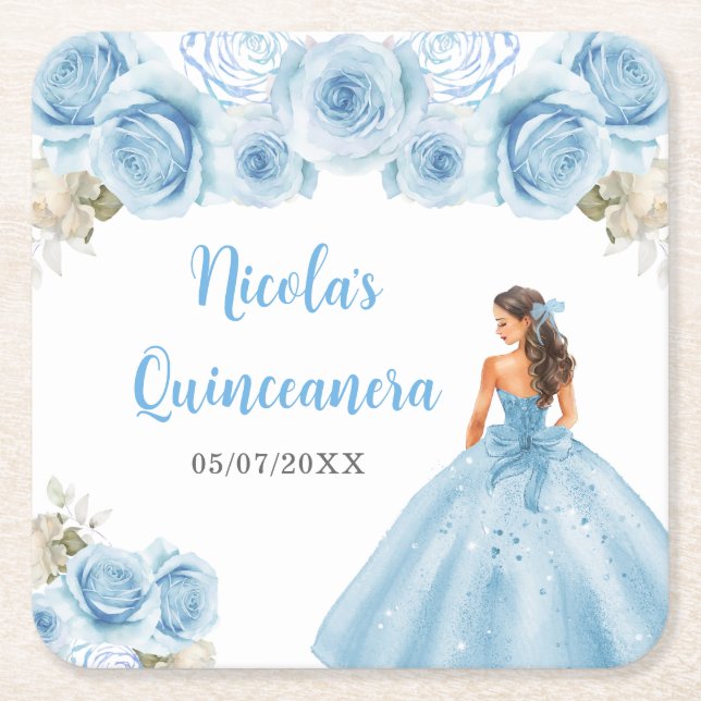 Blommigt Princess i Blue Dress Quinceanera Underlägg Papper Kvadrat (Framsidan)
